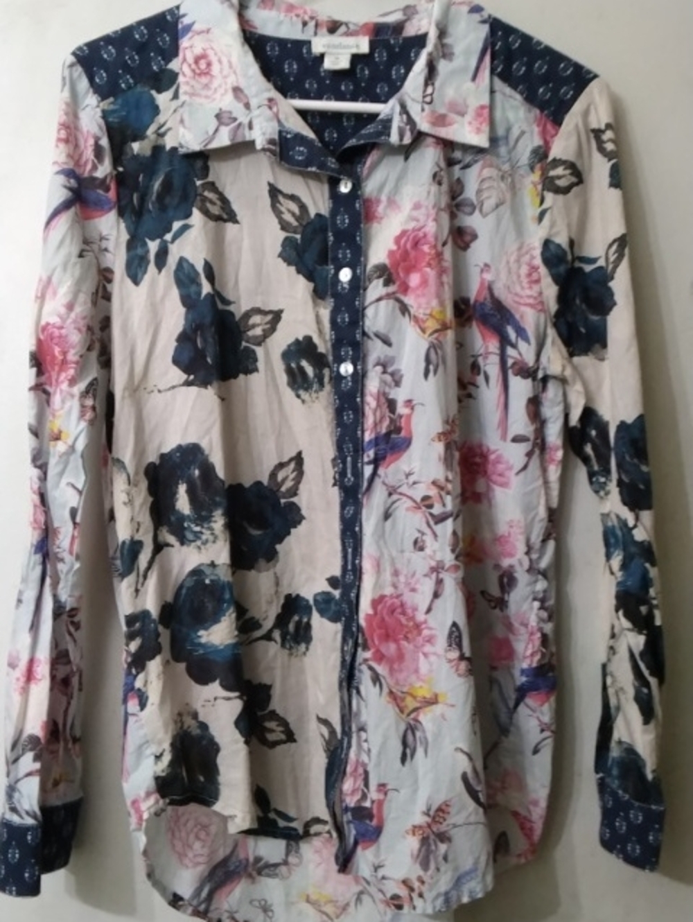 Sundance Brand Floral Button-Up Shirt in Cream & Blue Women's Sz Medium